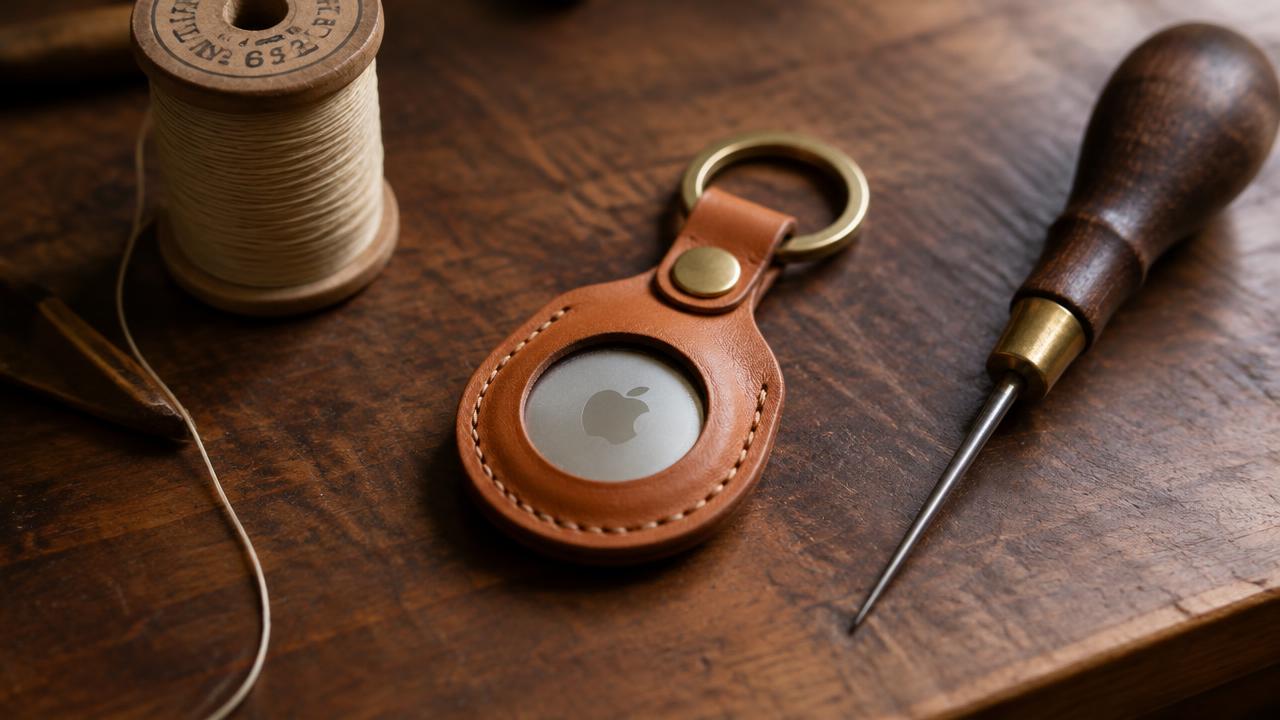 A handmade tan leather AirTag case with a visible window, brass snap and keyring loop, on a workbench beside a spool of waxed thread and a stitching awl.