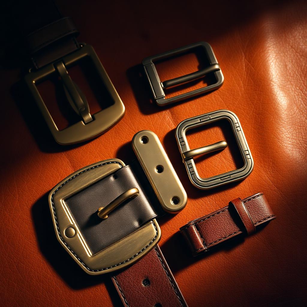 Antique brass and polished brass belt buckles arranged on cognac vegetable-tanned leather under warm editorial lighting.