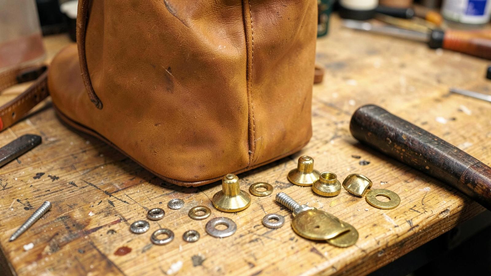 Brass bag feet, washers and screw posts laid out beside the base of a tan leather tote on a workbench.