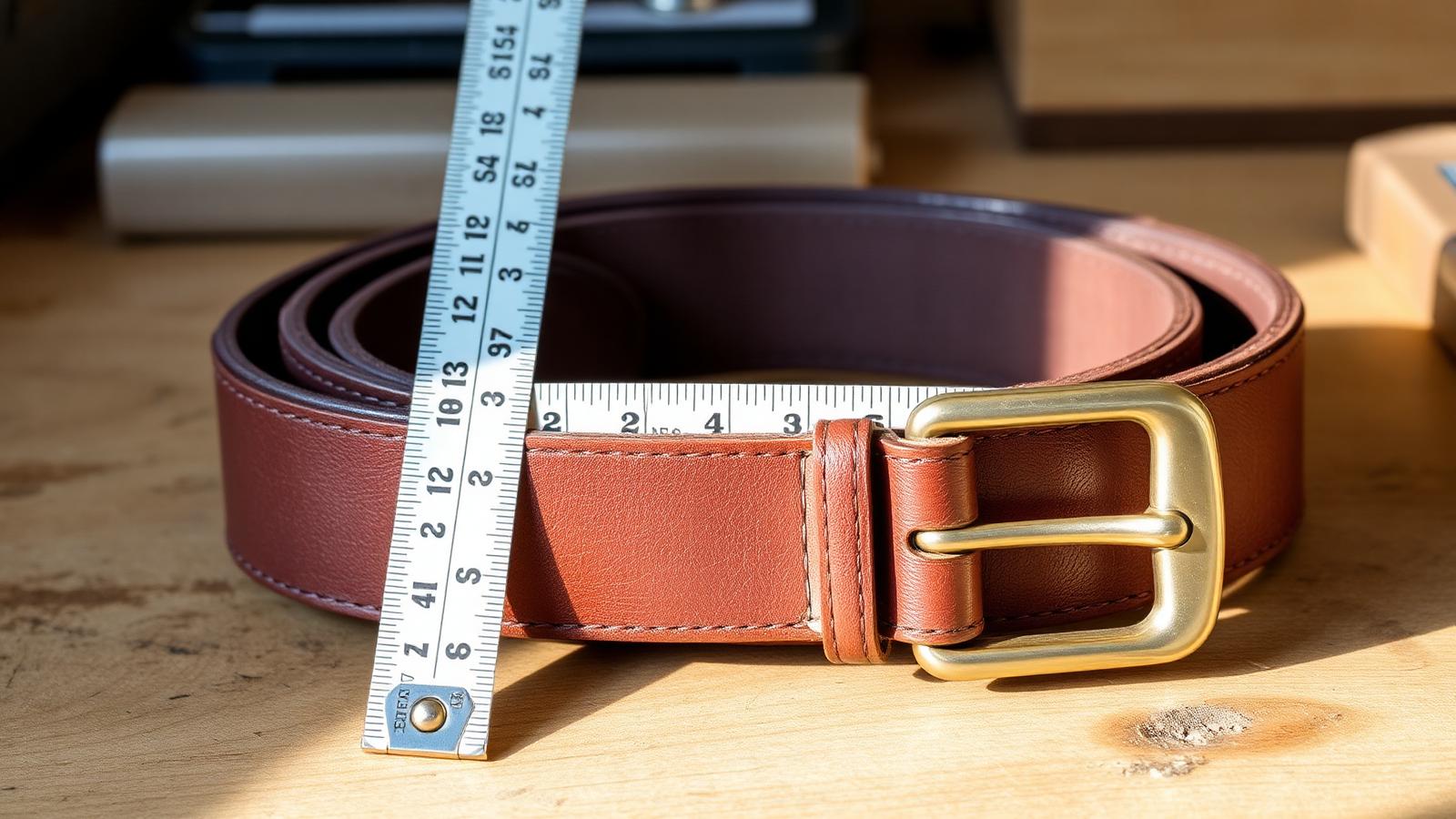 Tape measure laid across a tan leather belt with a solid brass buckle on a wooden workbench, demonstrating strap width measurement.