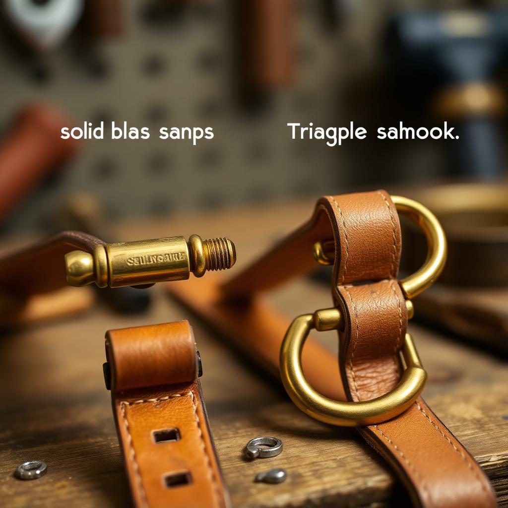 Solid brass bolt snap and trigger snap hook side by side on tan leather straps in a leather workshop.