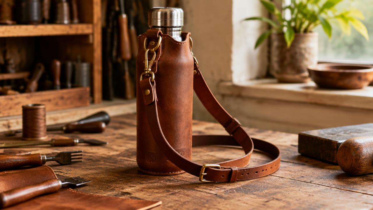 A cognac leather water bottle sling with an adjustable shoulder strap, brass D-ring and swivel hook, standing on a leatherwork bench with tools.