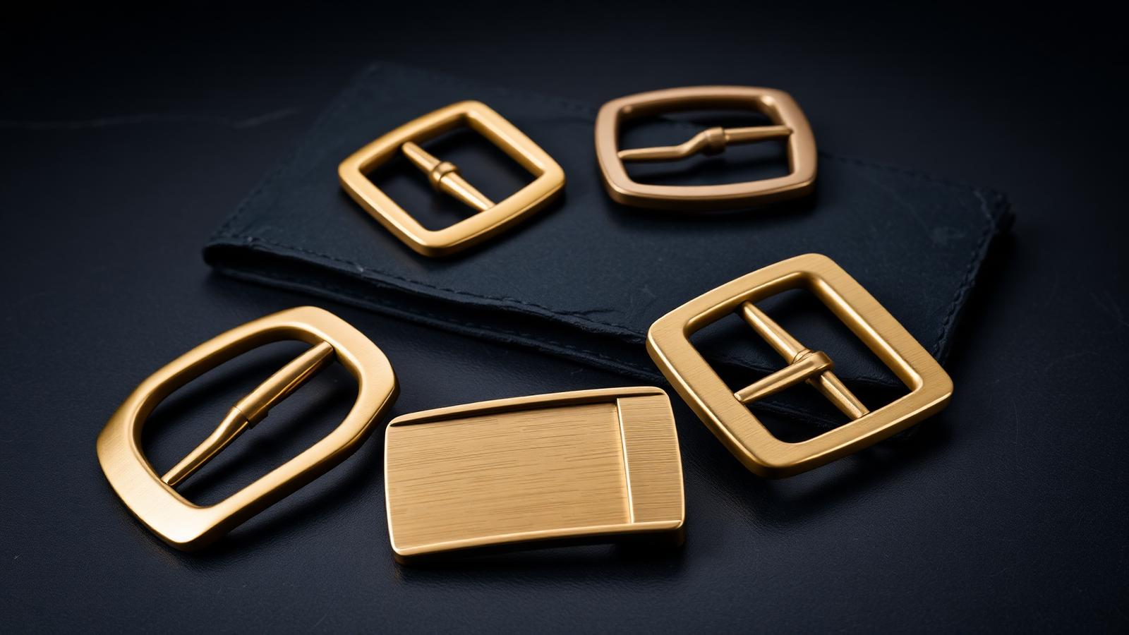 Collection of solid brass belt buckles in polished, brushed and antique finishes on a dark slate surface with a folded tan leather belt strap.
