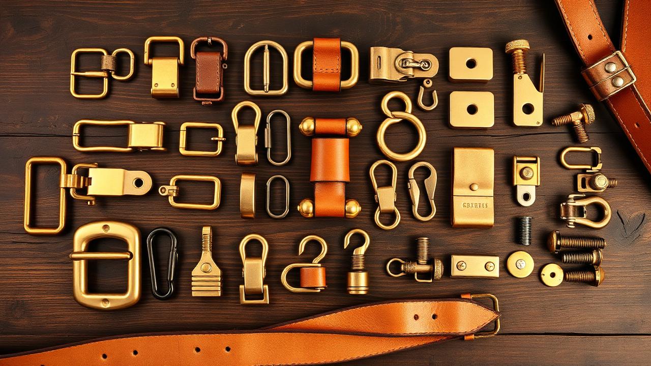 Assorted solid brass leather hardware including roller buckles, D-rings, swivel hooks, and Chicago screws on a workbench.