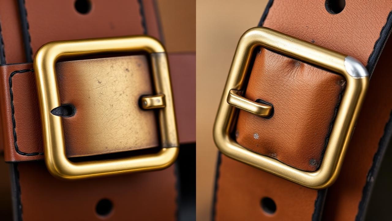 Solid brass buckle on tan leather next to a brass-plated zinc buckle showing silver wear spots.