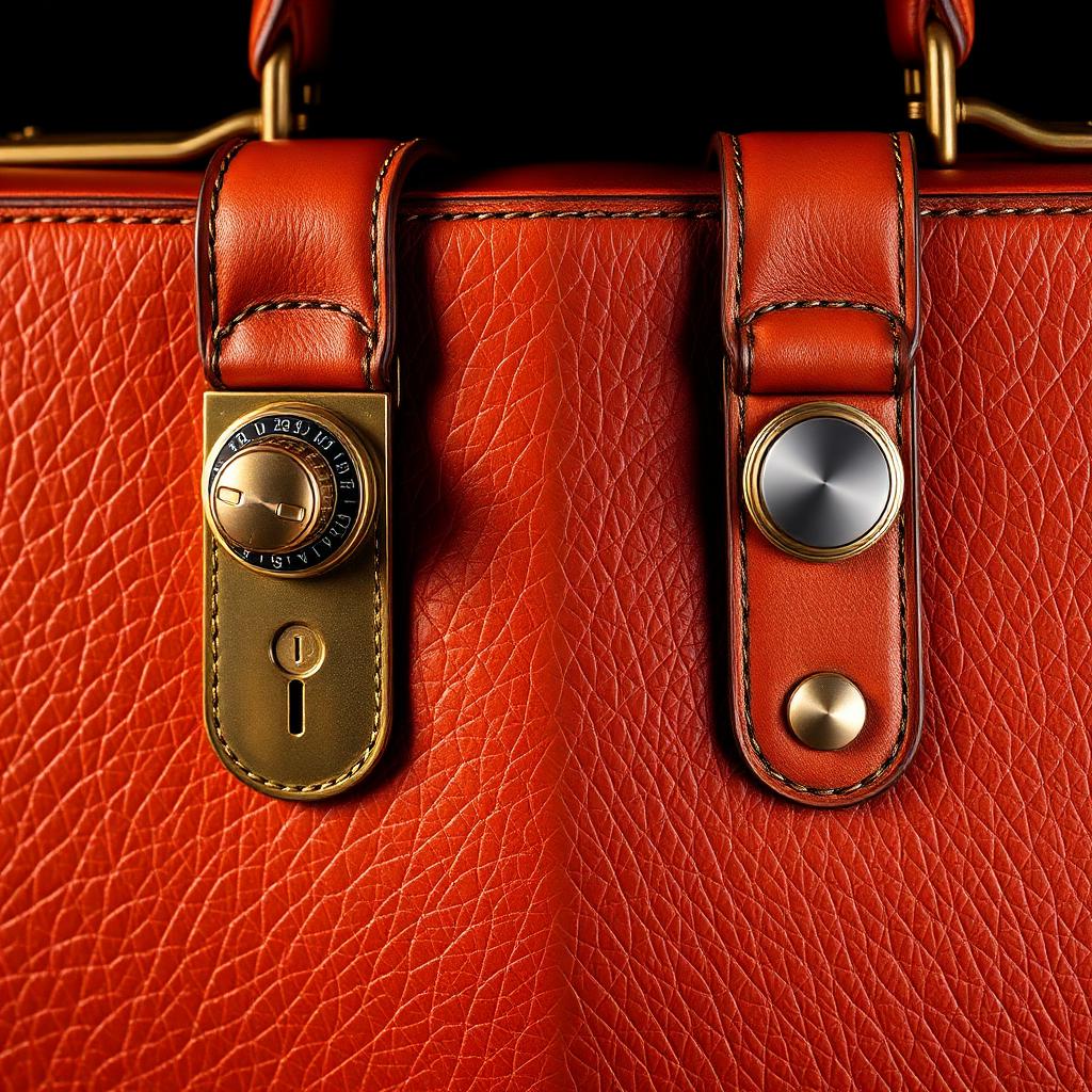 Brass combination lock and turn-key lock side by side on a tan leather briefcase, close-up detail shot.