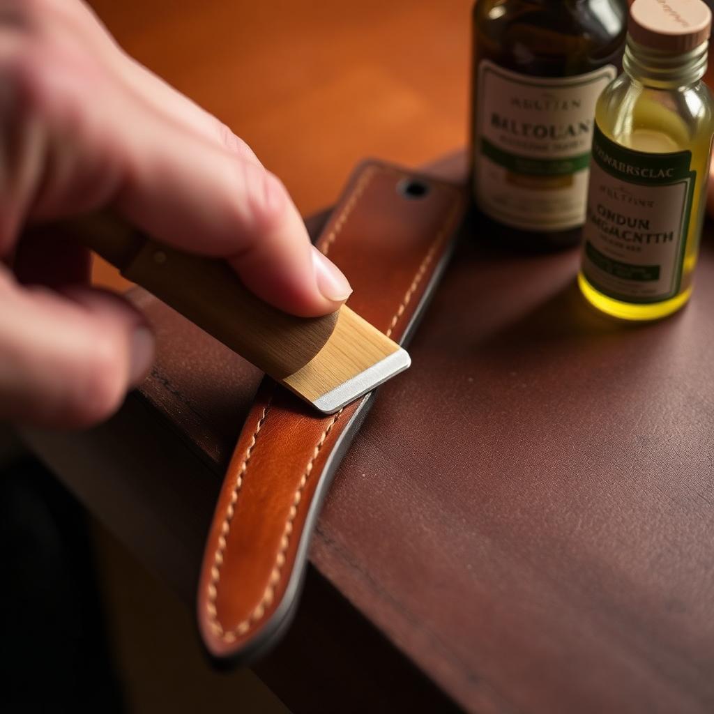 Wooden edge slicker burnishing a brown leather strap to a glossy glass finish, with bottles of beeswax and gum tragacanth.