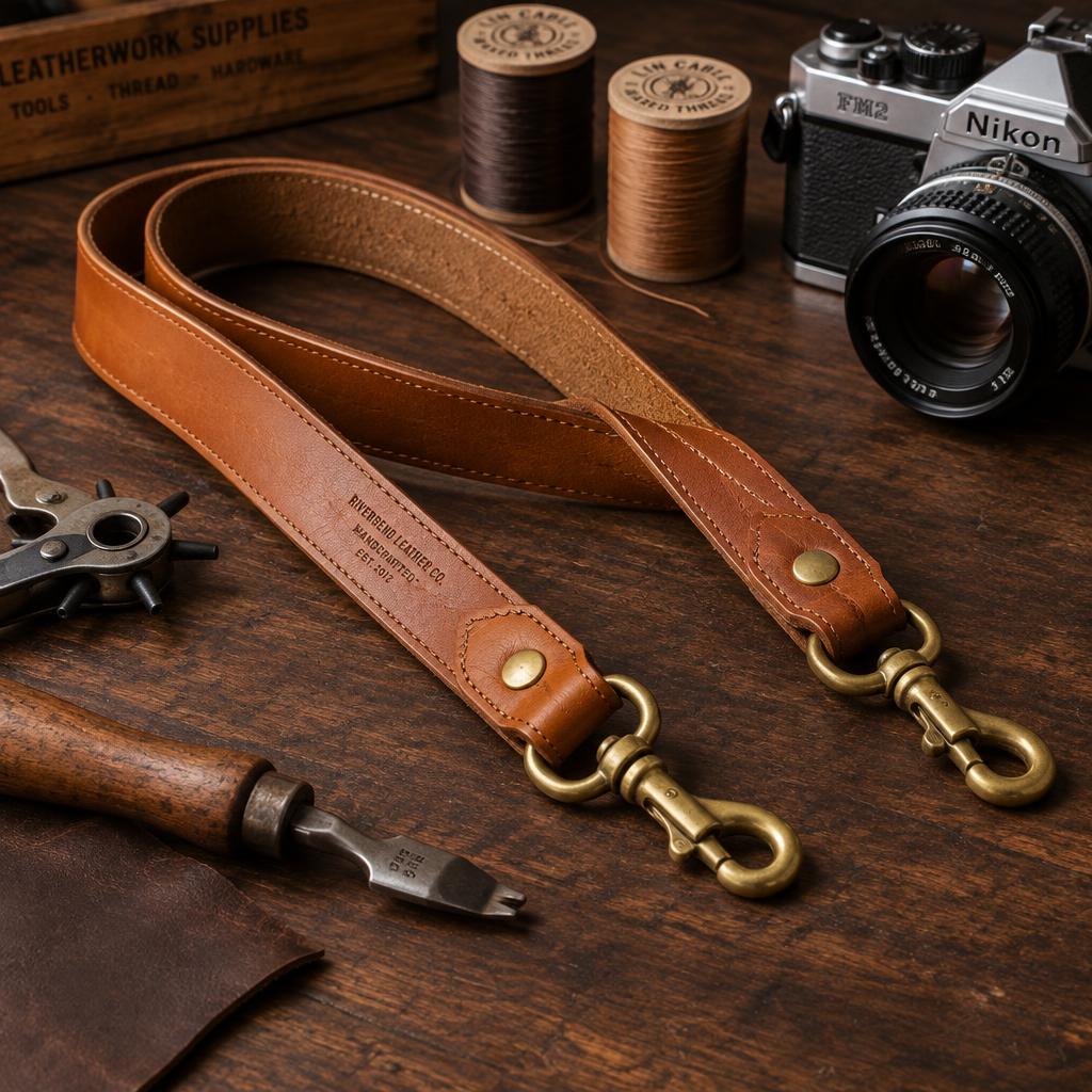Handmade tan leather camera strap with brass swivel snap hooks and split rings on a workbench beside a film camera, rotary punch and waxed thread.