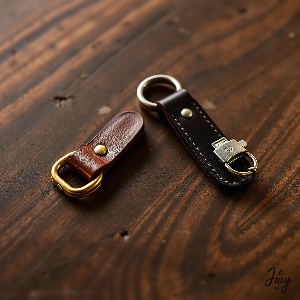 A brass carabiner hook and a swivel snap hook attached to two handmade leather key fobs on a dark walnut workshop bench.