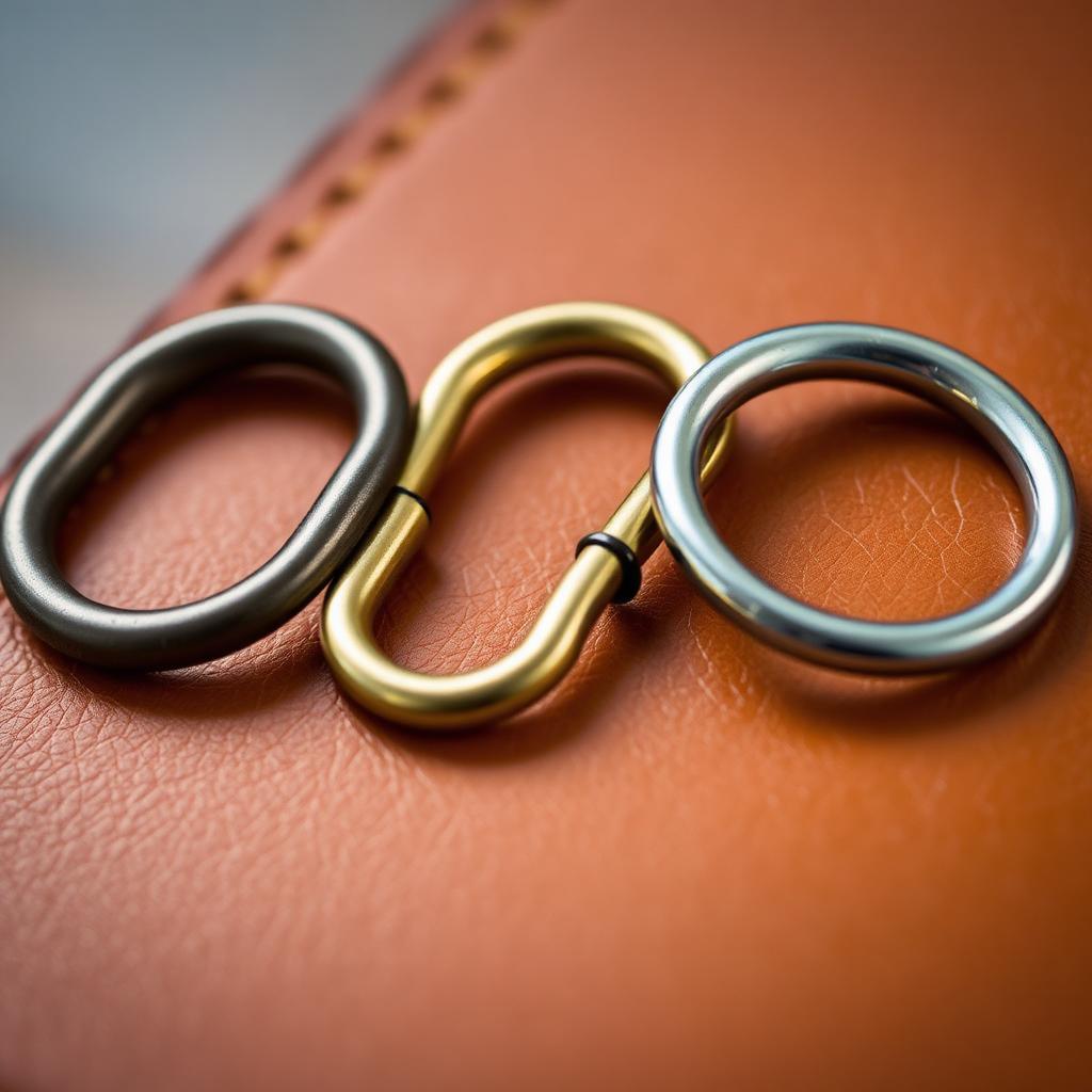 Three D-rings side by side on tan leather — a matte cast D-ring, a polished forged brass D-ring, and a bright stamped steel D-ring.