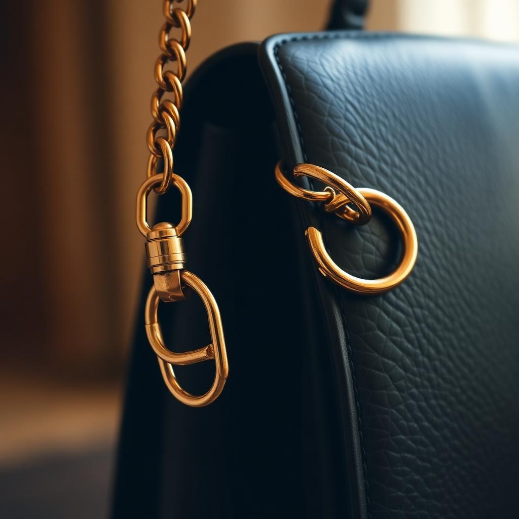 Gold curb chain shoulder strap connected to a black leather handbag with a brass swivel hook and D-ring.
