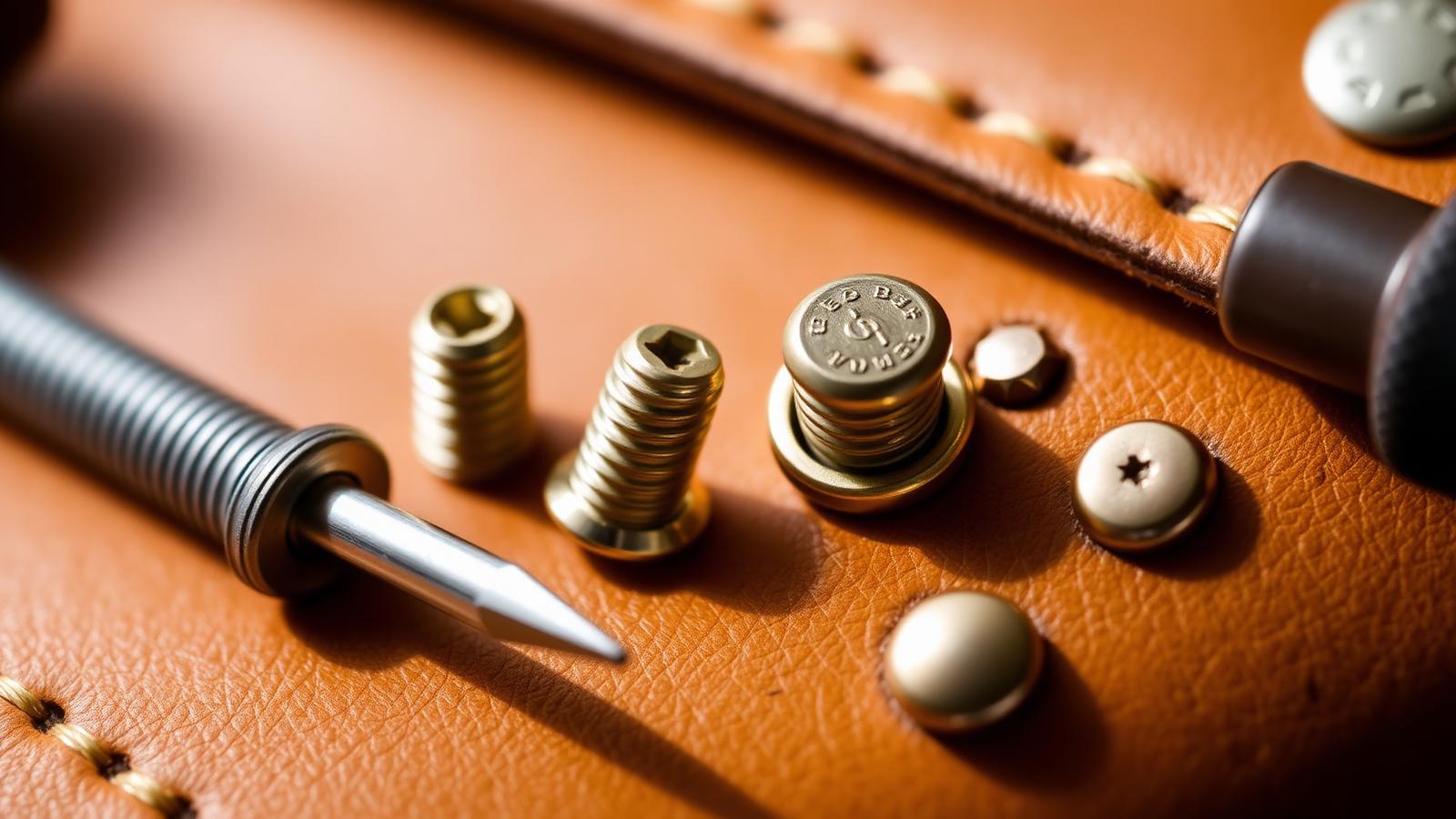 Chicago screws, copper rivets, and double cap rivets arranged on tan vegetable-tanned leather with a small flathead screwdriver.