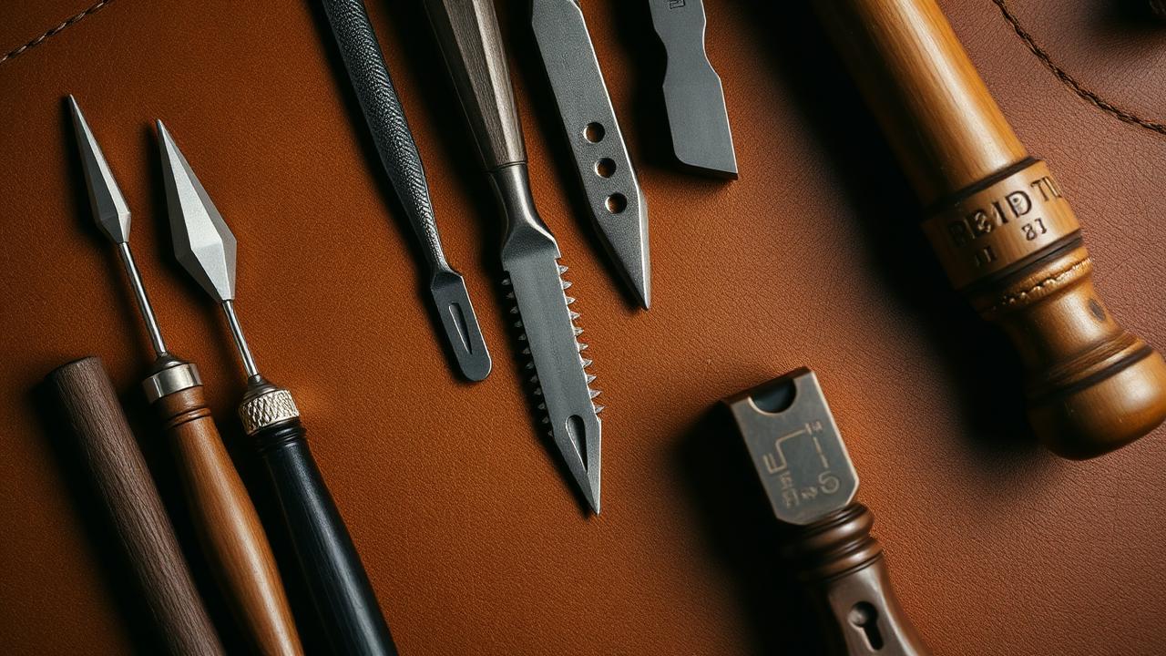 Diamond stitching chisels and pricking irons laid out with a maul on vegetable-tanned leather showing punched stitch lines.