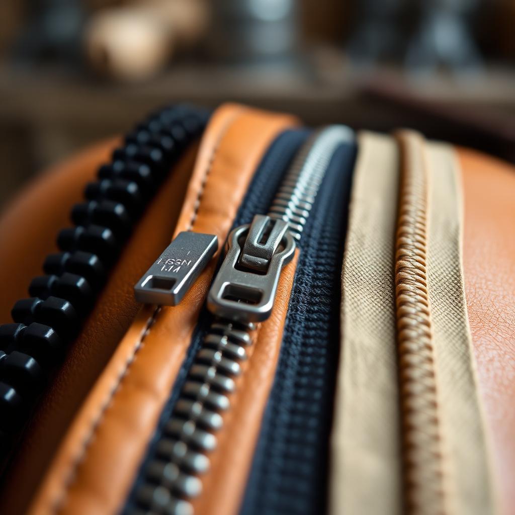 Side-by-side comparison of coil, metal, and molded Vislon zippers installed on tan leather panels in a workshop.