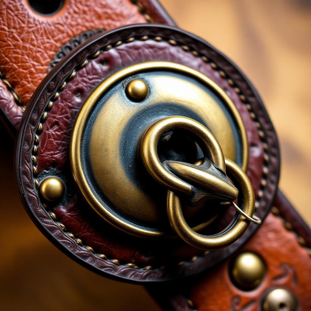 Antique brass screw-back concho and a D-ring anchor mounted side by side on a tooled Western leather belt, close-up detail.