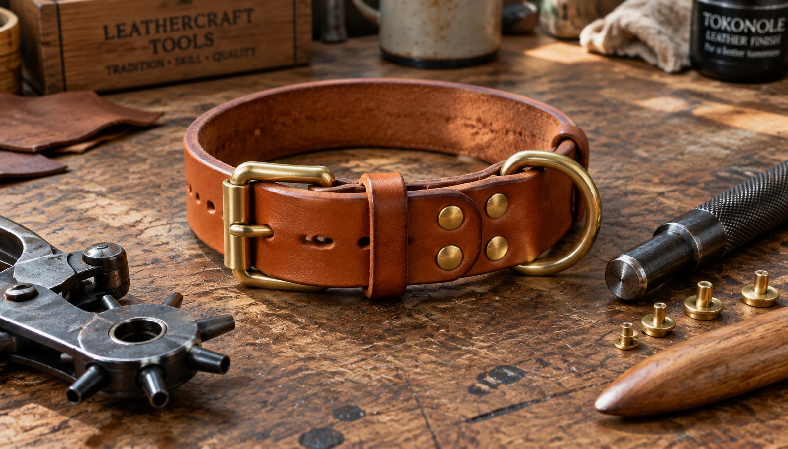Handmade tan leather dog collar with solid brass roller buckle, D-ring and rivets on a workbench beside a hole punch, rivets and edge slicker.