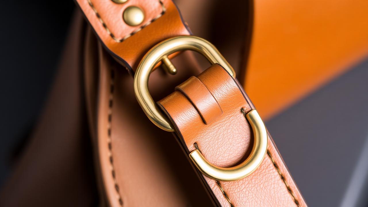 Solid brass welded D-ring on a tan leather bag strap connected with a brass swivel snap hook.