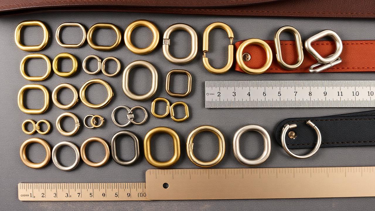 Flat lay of D-rings in multiple sizes and finishes — polished brass, antique brass, nickel, and stainless steel — with leather straps and a ruler.