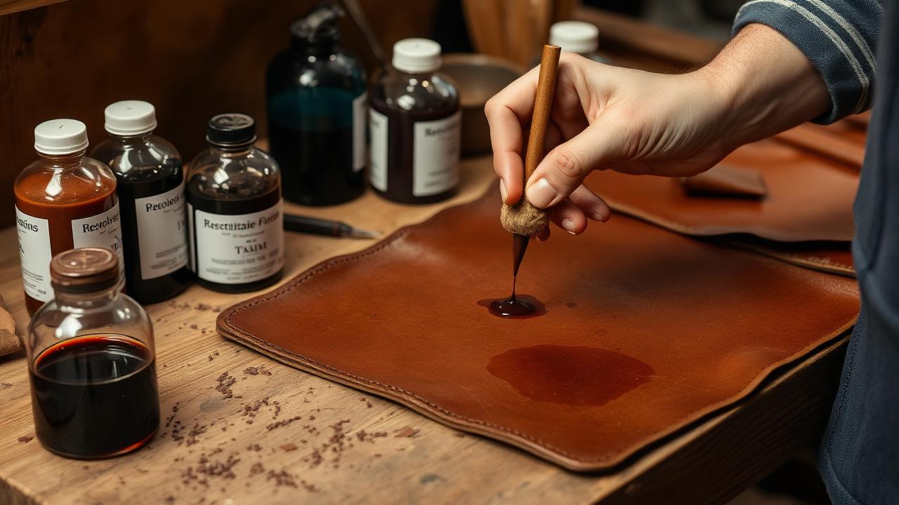 Hand applying brown spirit dye with a wool dauber to a vegetable-tanned leather panel surrounded by dye and finish bottles.