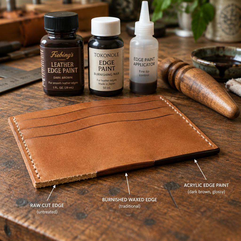 Tan leather wallet showing raw, burnished and edge-painted finishes side by side, with edge paint bottles and a wooden slicker on a workbench.