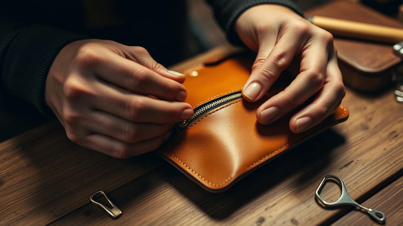 Hands hand-sewing a brass metal zipper into a tan leather pouch with waxed thread on a wooden workshop bench.