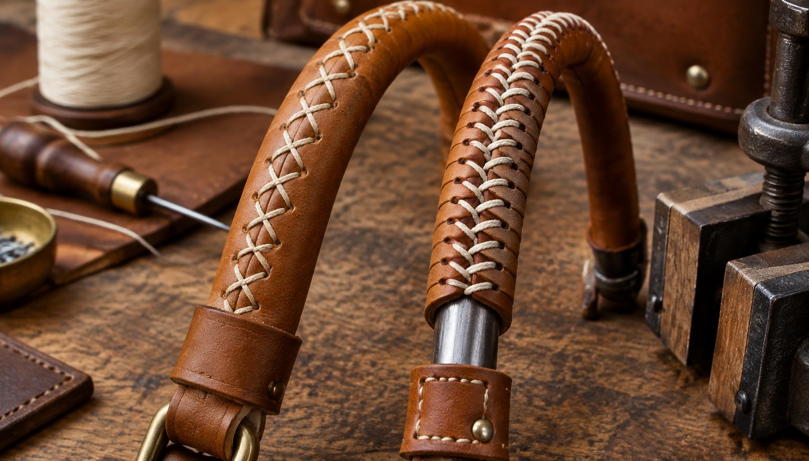Two leather bag handles side by side, one wrapped in cross-stitch and one in baseball stitch, with waxed thread and stitching tools on a workbench.