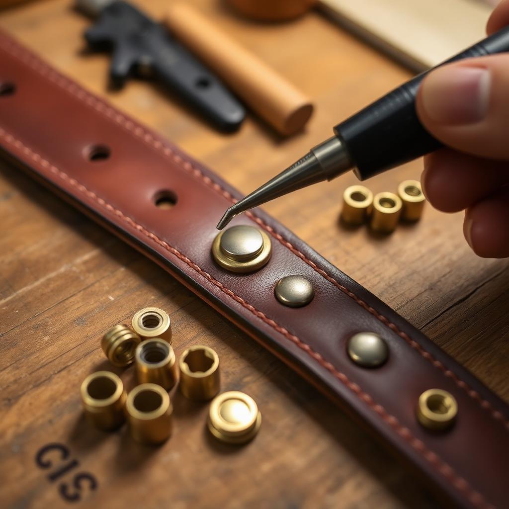 Hand setter installing brass Line 20 snap fasteners on a leather strap with snap caps and sockets on a wooden workbench.