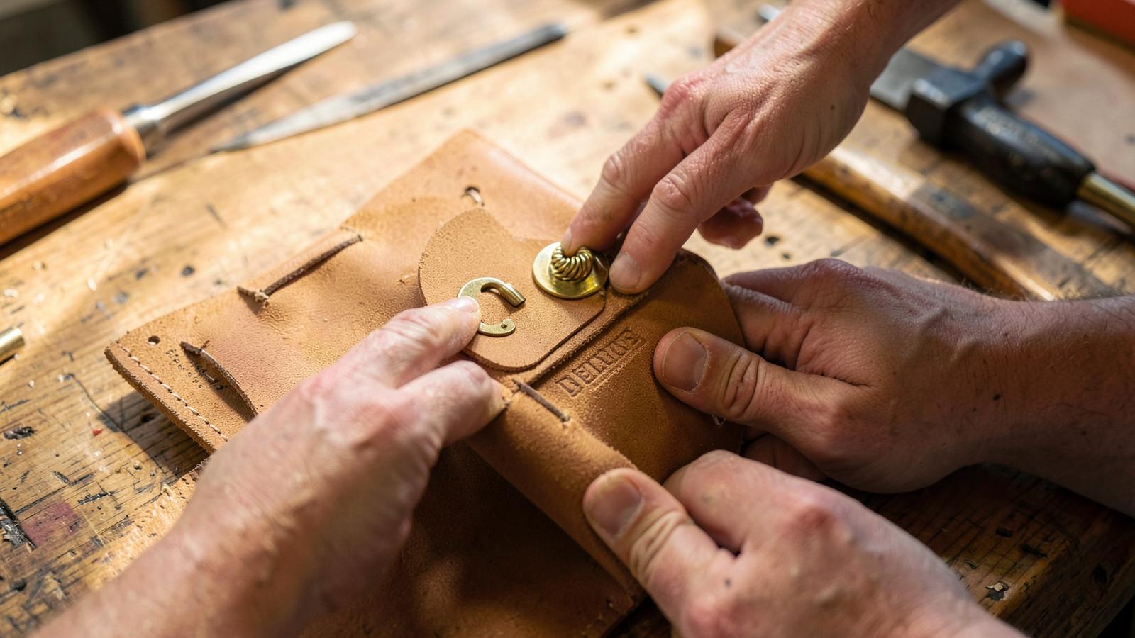 Craftsperson fitting a brass twist turn lock and backing plate into a tan leather bag flap on a wooden workbench.