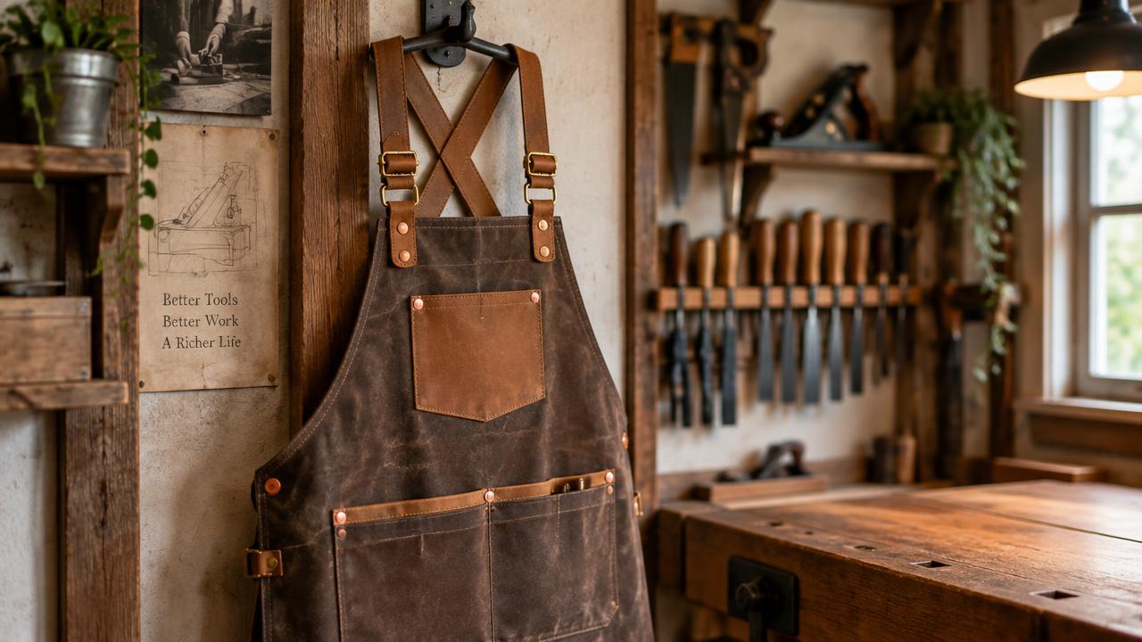 A brown waxed-canvas and tan leather work apron with brass roller buckle straps and copper rivets hanging on a workshop wall hook.