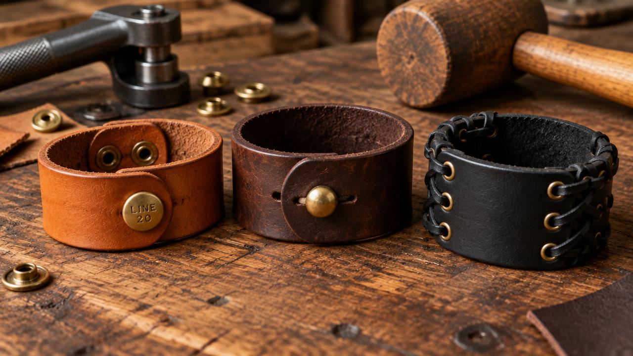 Three handmade leather cuff bracelets with a Line 20 snap, a button stud closure and laced eyelet edges on a wooden workbench.