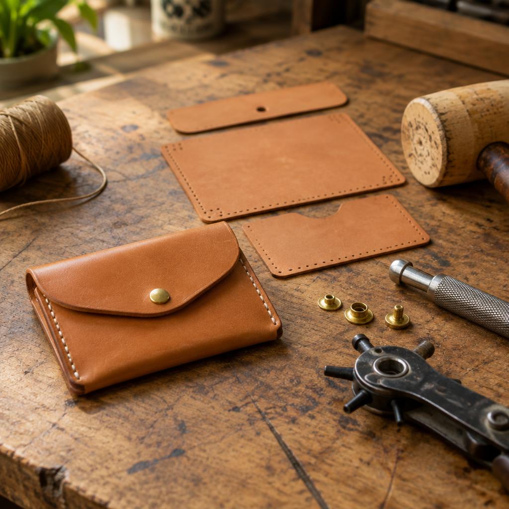 Finished tan leather card holder with a brass snap beside cut leather pieces, a rotary punch, snap setter and waxed thread on a workbench.