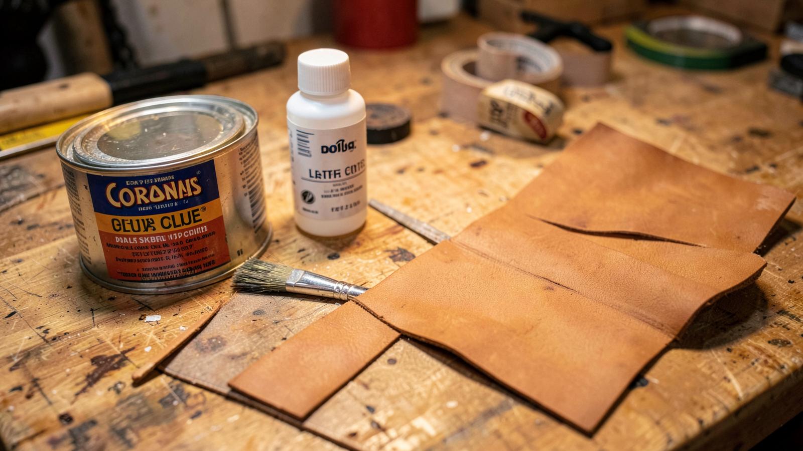 Contact cement tin with brush, bottle of water-based leather glue and a roll of basting tape beside tan leather panels on a workbench.