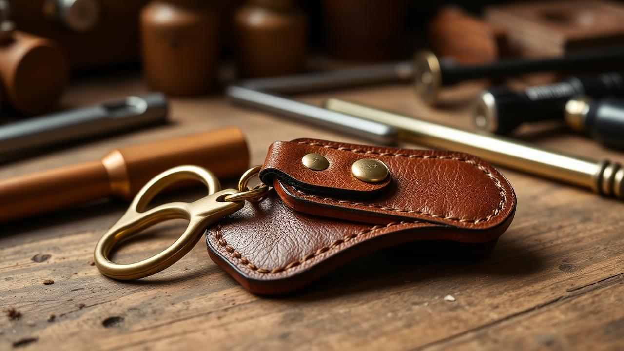 Finished handmade leather key fob with a solid brass swivel snap hook and brass rivets resting on a workshop bench with tools.