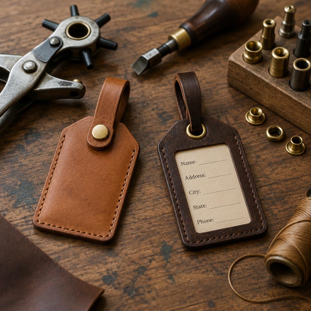 Two handmade leather luggage tags, one with a brass snap closure and one with a brass grommet and paper insert, on a workbench with hole punch and grommet tools.