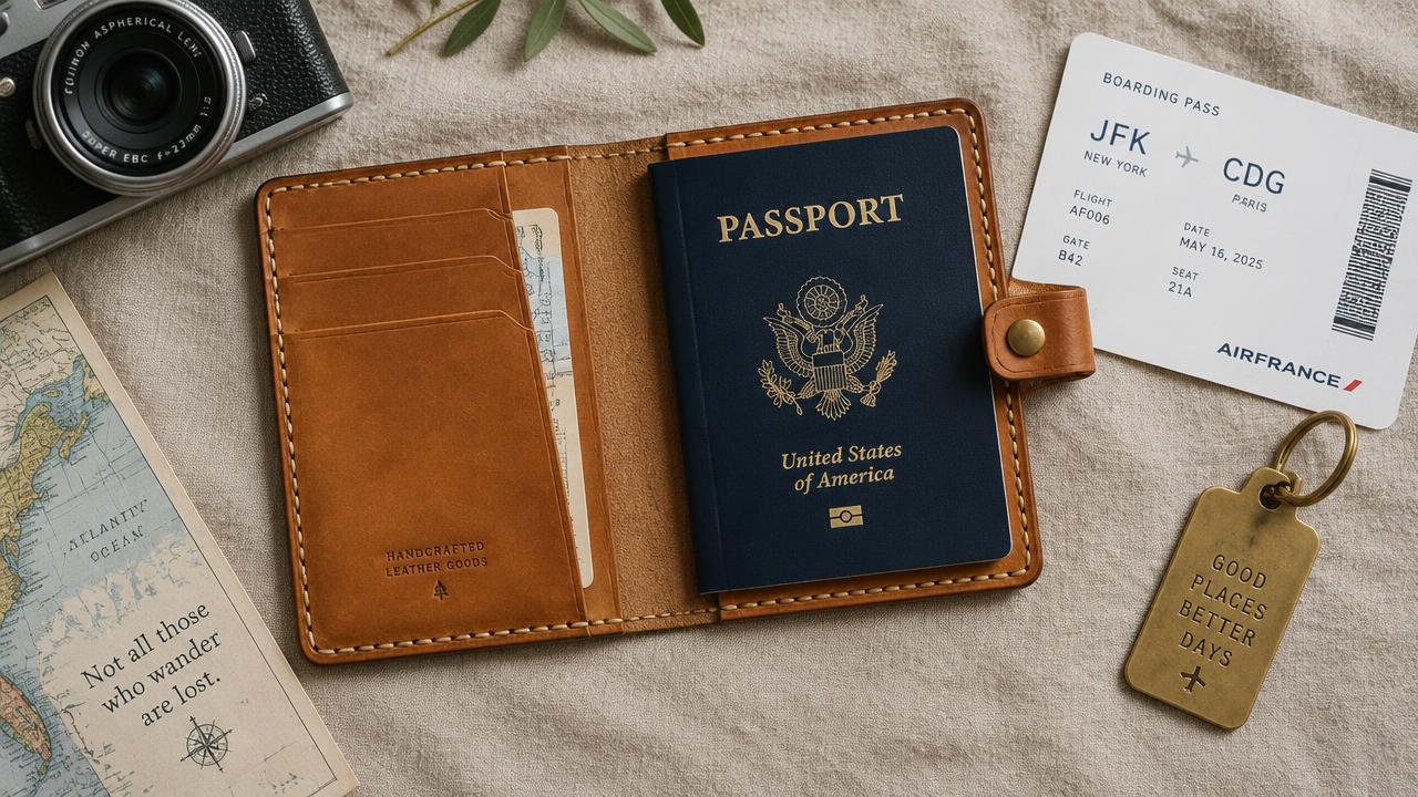 An open handmade tan leather passport wallet with card slots and a brass snap closure, beside a boarding pass and a brass luggage tag.