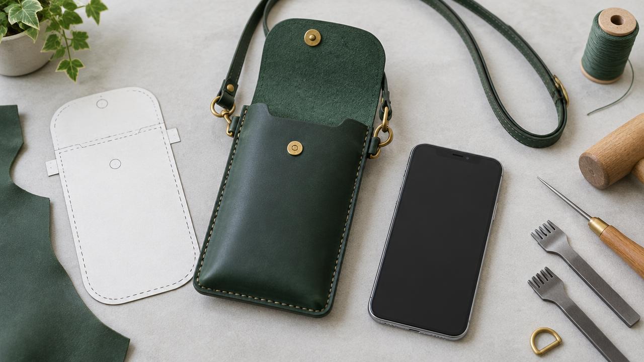 Green leather phone pouch with an open snap flap, brass strap connectors and a smartphone beside a paper pattern