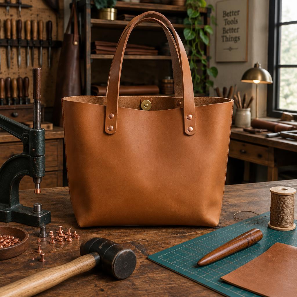 Handmade tan leather tote bag with copper rivets at the strap anchors and a brass magnetic snap on a workbench with a rivet press, mallet and cutting mat.