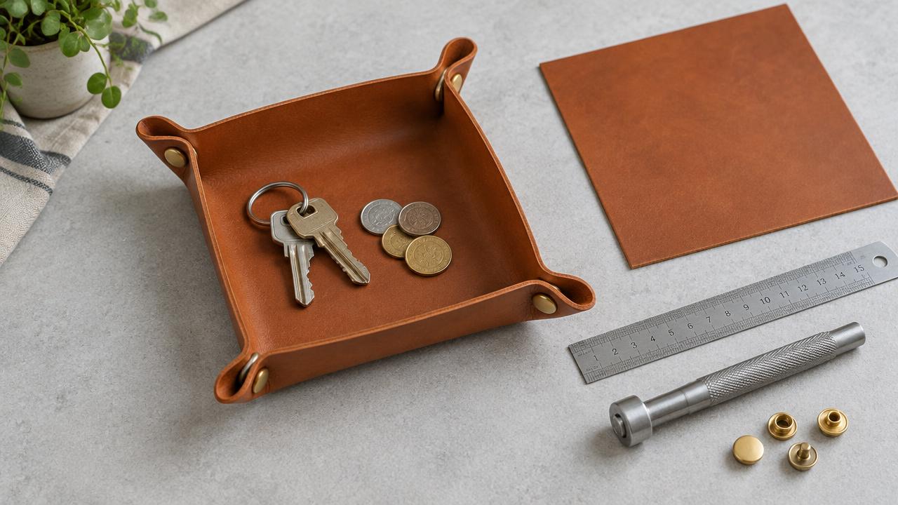 Cognac leather valet tray with brass snap corners, keys and coins beside a square leather offcut