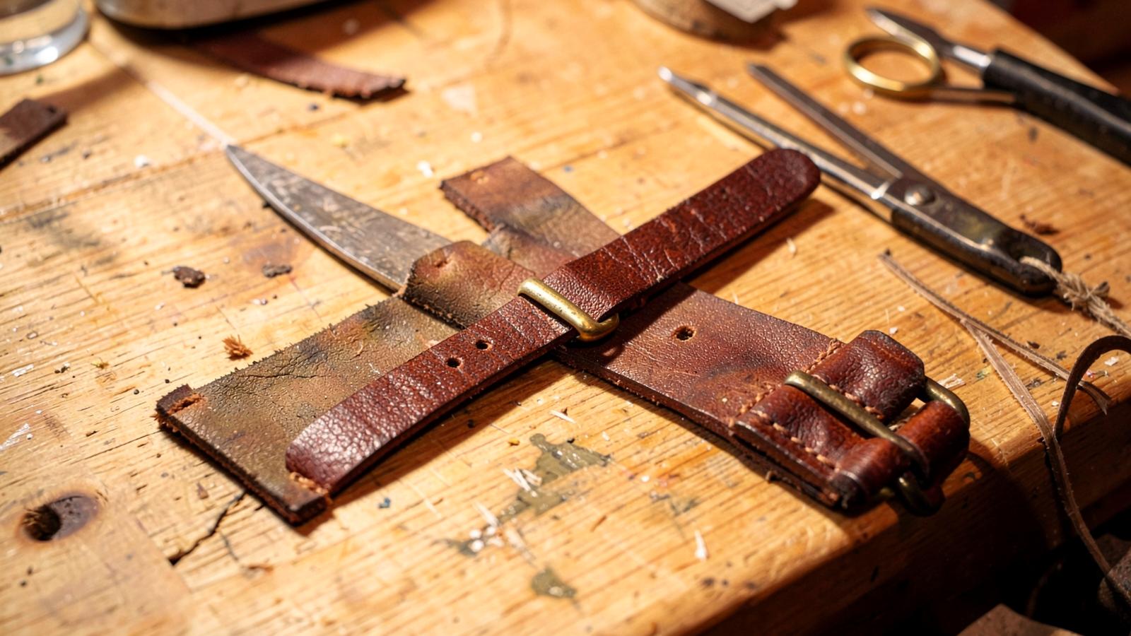 Handmade brown leather watch strap with small brass buckle, keeper loop and spring bars on a workbench.