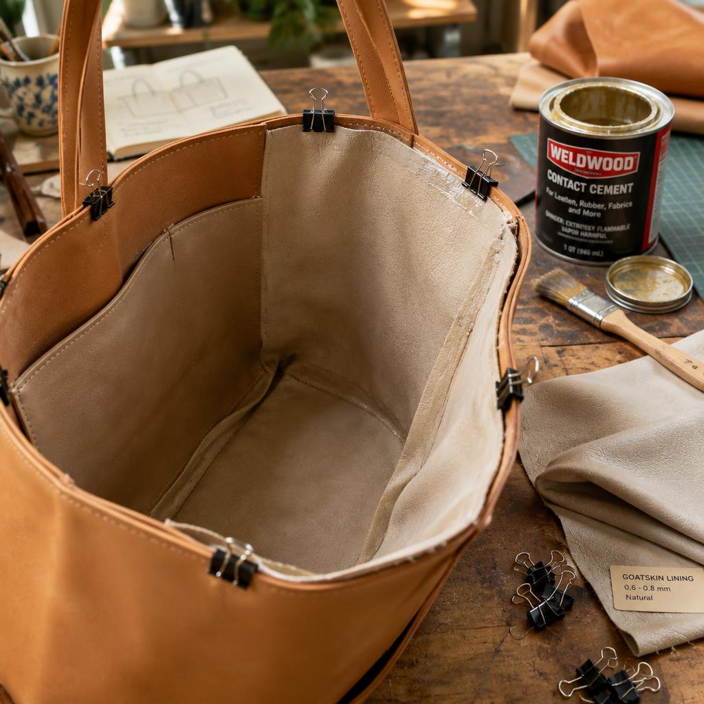 Half-finished tan leather tote with natural goatskin lining clipped in place, beside contact cement, a brush and lining fabric on a workbench.