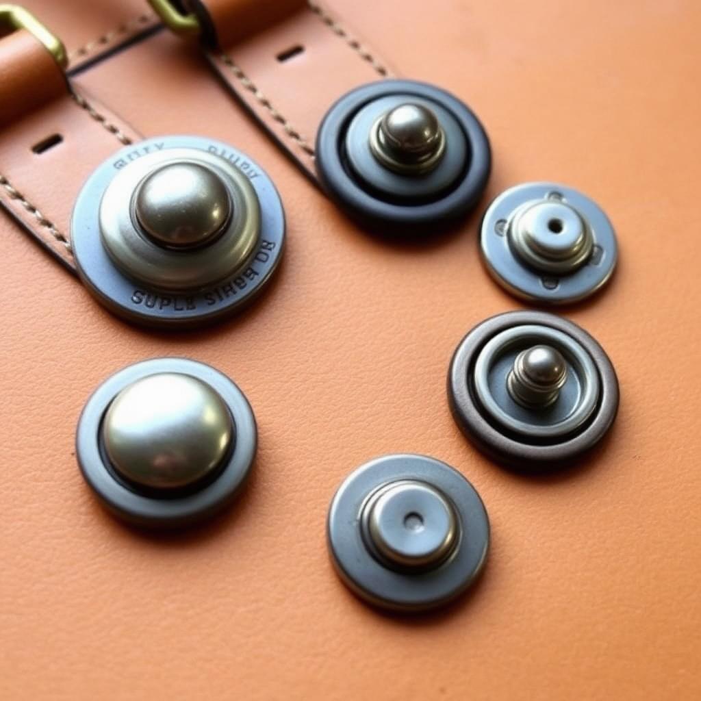 Magnetic snaps and metal spring snaps arranged side by side on tan leather with brass hardware components.