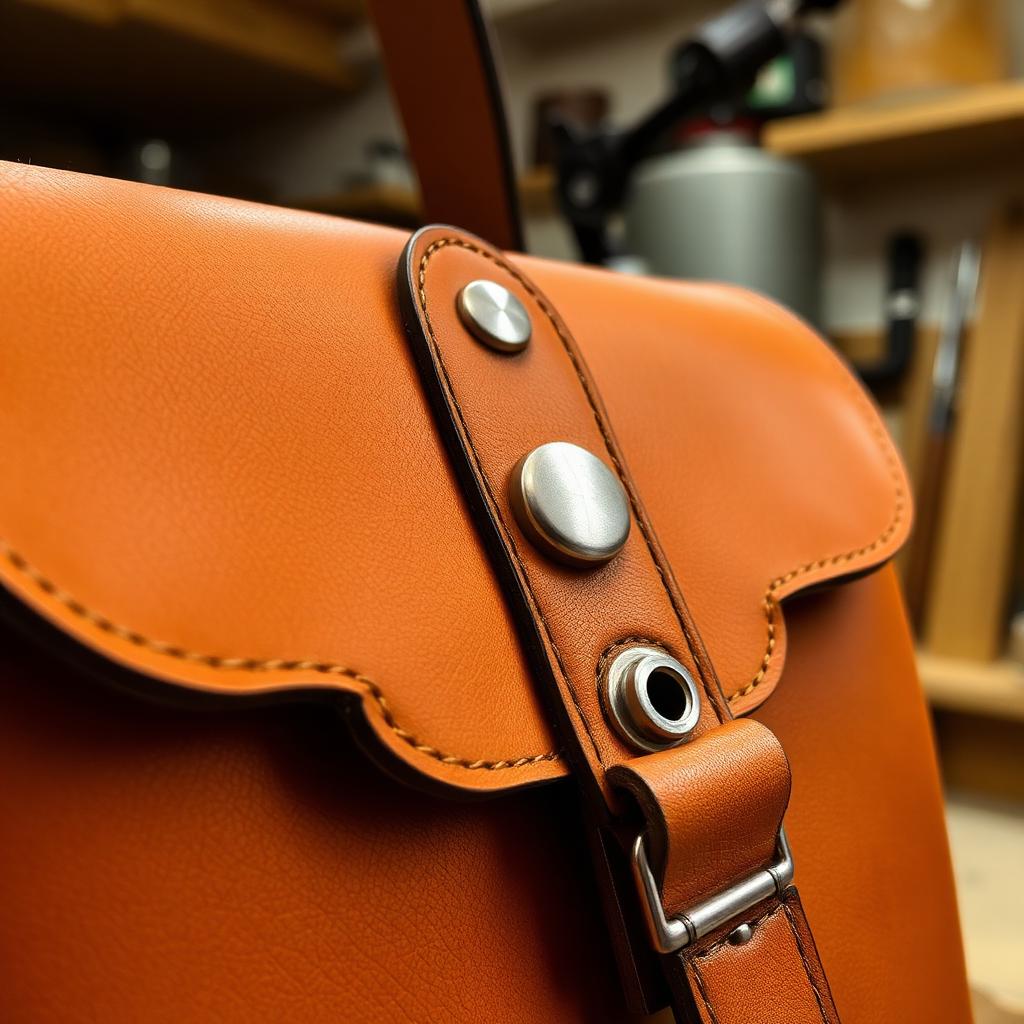 Magnetic snap and metal turn lock hardware installed on a tan leather bag flap, close-up workshop photography.