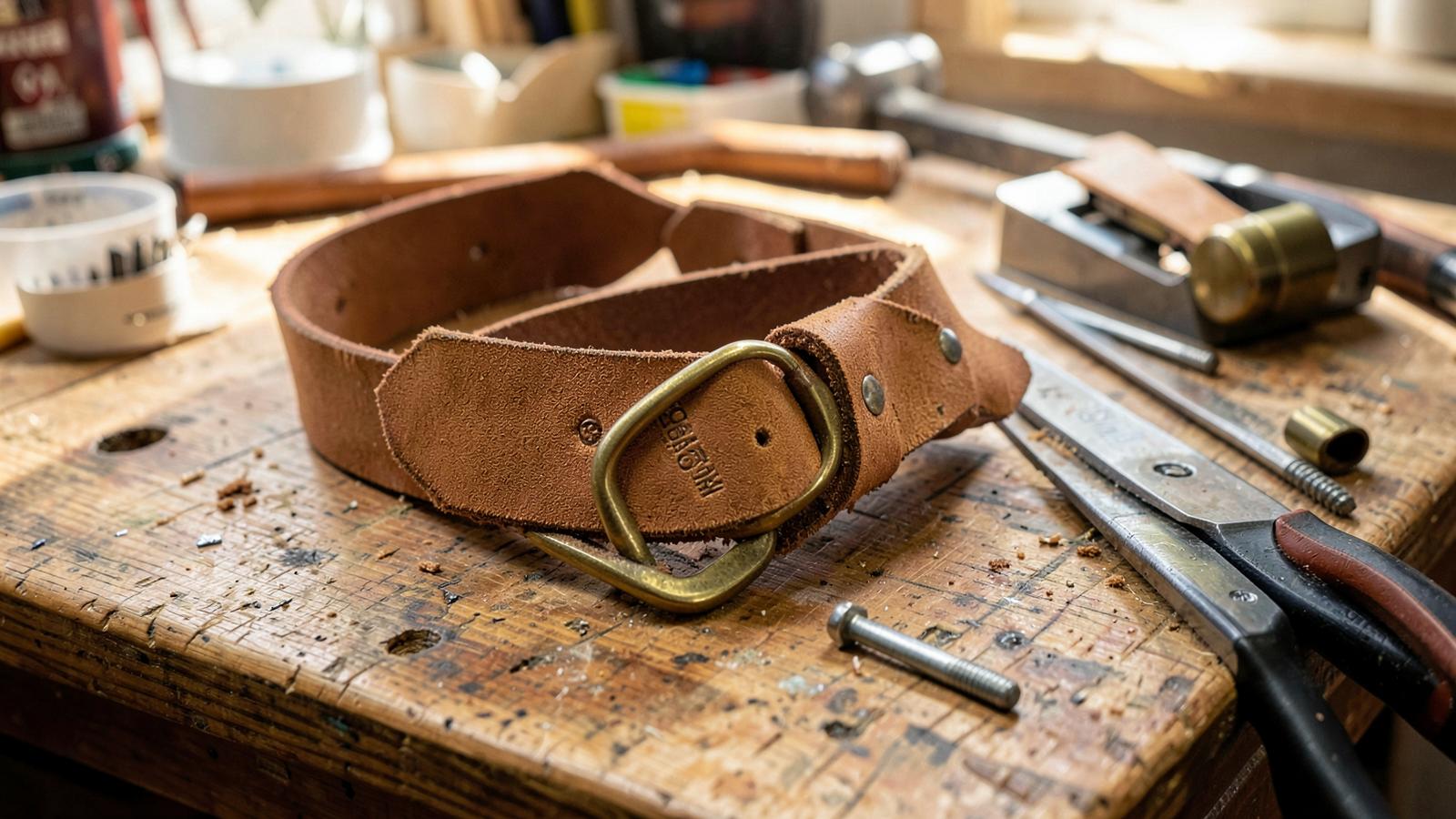 Handmade veg-tan leather belt with a solid brass roller buckle in progress on a workbench with punch, beveler and Chicago screws.