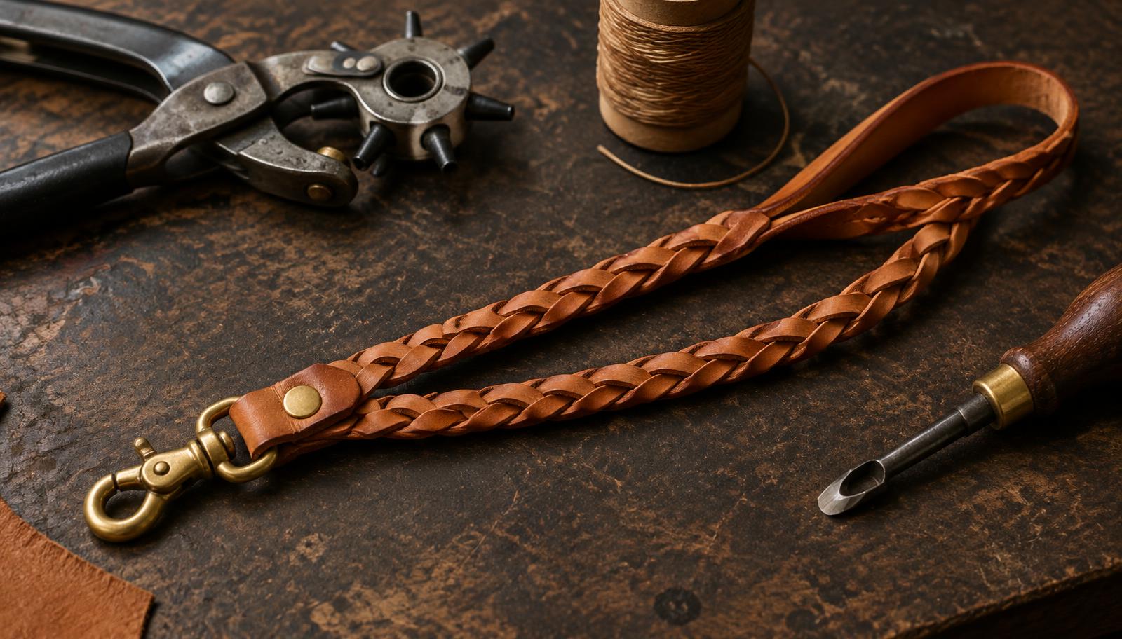 Braided tan leather lanyard with a brass swivel snap hook on a workbench beside a rotary punch, waxed thread and an edge beveler.