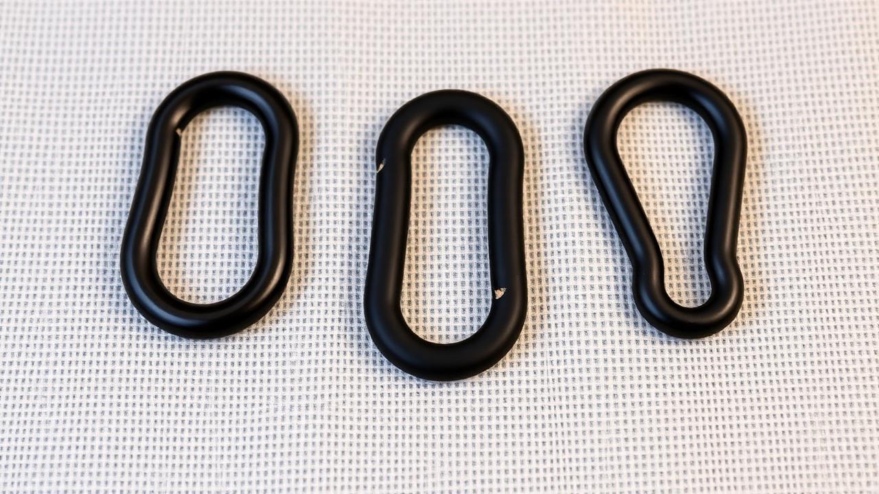 PVD black, powder coat black, and black oxide brass D-rings side by side for finish comparison.