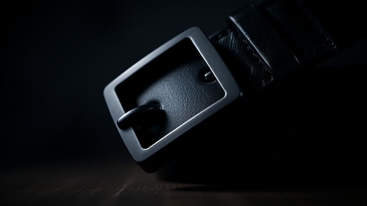 Matte black PVD-finished roller buckle on a black leather belt, side-lit close-up.
