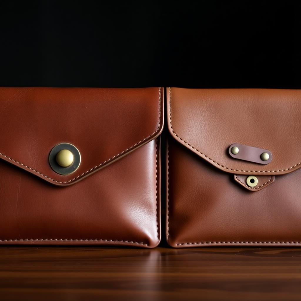 Two tan leather clutches side by side, one with an antique brass push lock and one with a strap-and-tuck lock closure, editorial studio lighting.