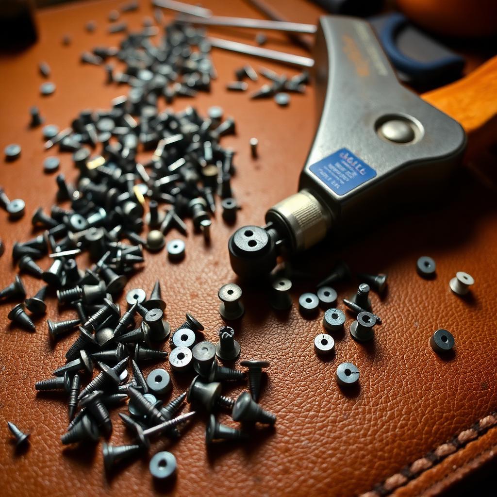 Rapid rivets and double cap rivets scattered on brown leather workbench alongside a rivet setter tool and hammer.