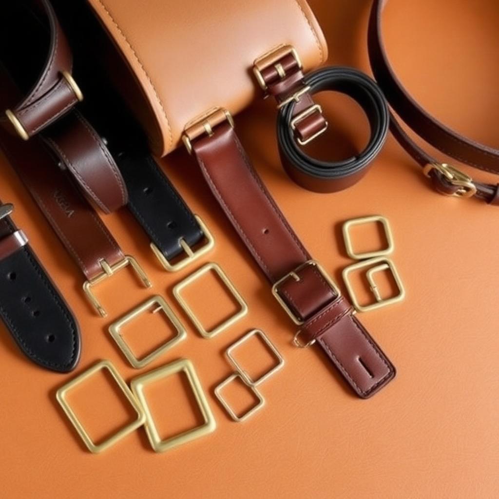 Solid brass rectangle rings and square rings arranged next to leather belts and bag straps on a tan leather workbench, flat lay.