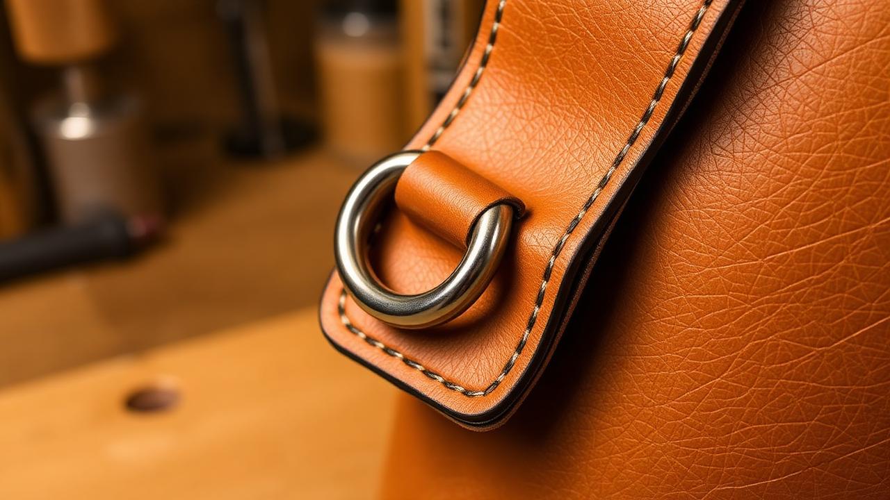 Close-up of a reinforced leather bag strap anchor with a D-ring tab, double cap rivets and box stitching on tan leather.
